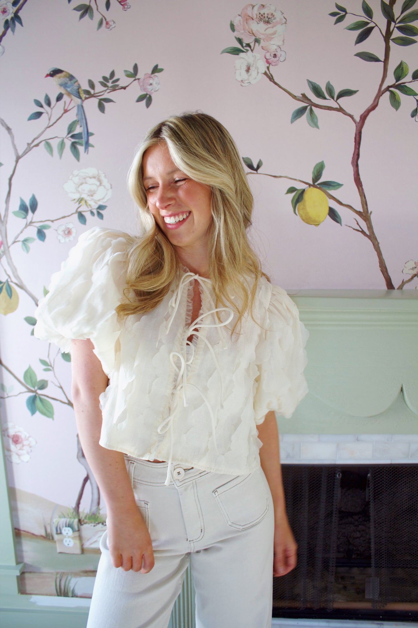 Cream Ruffled Tie Top