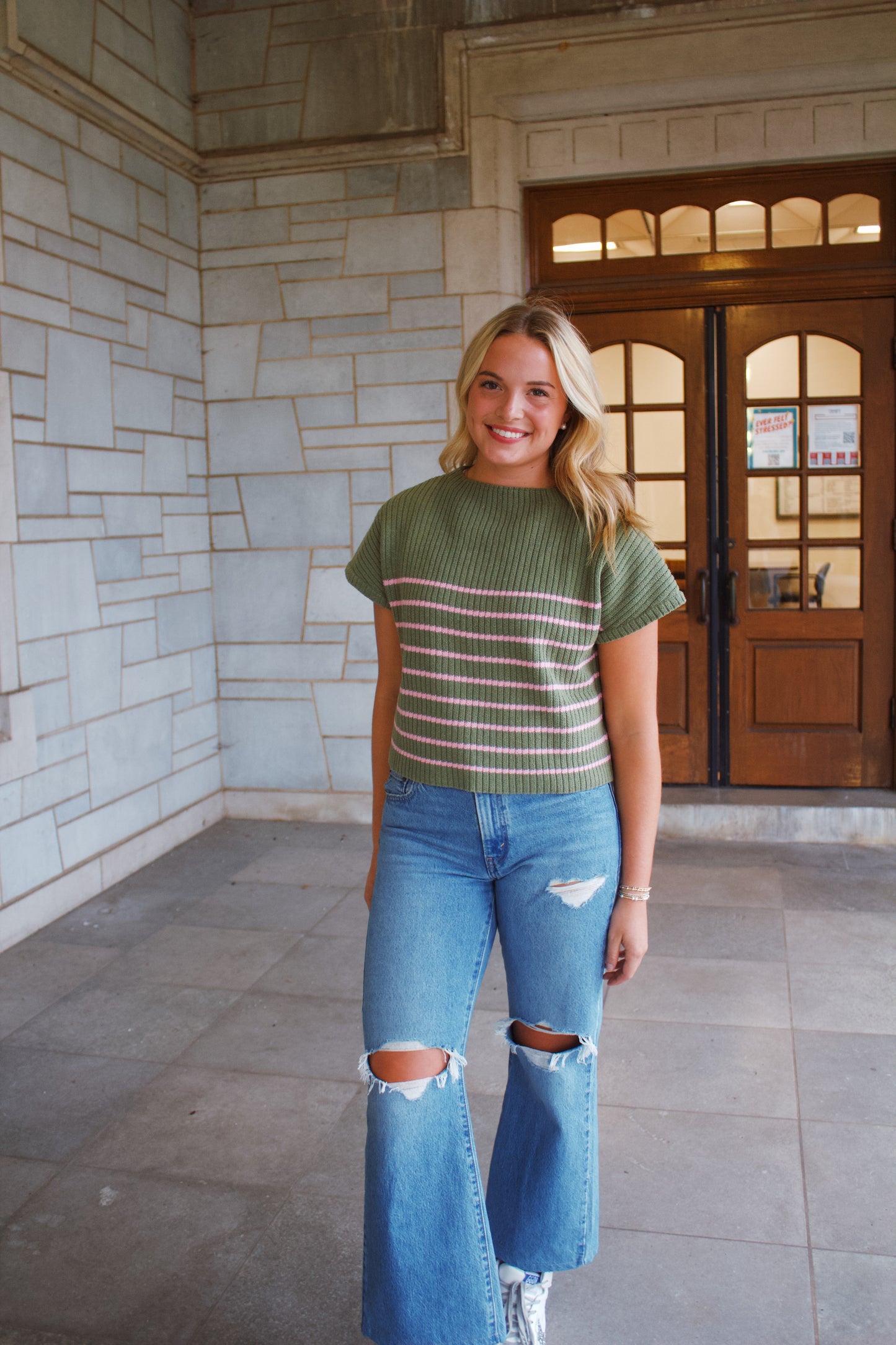 Green and Pink Striped Sweater Top