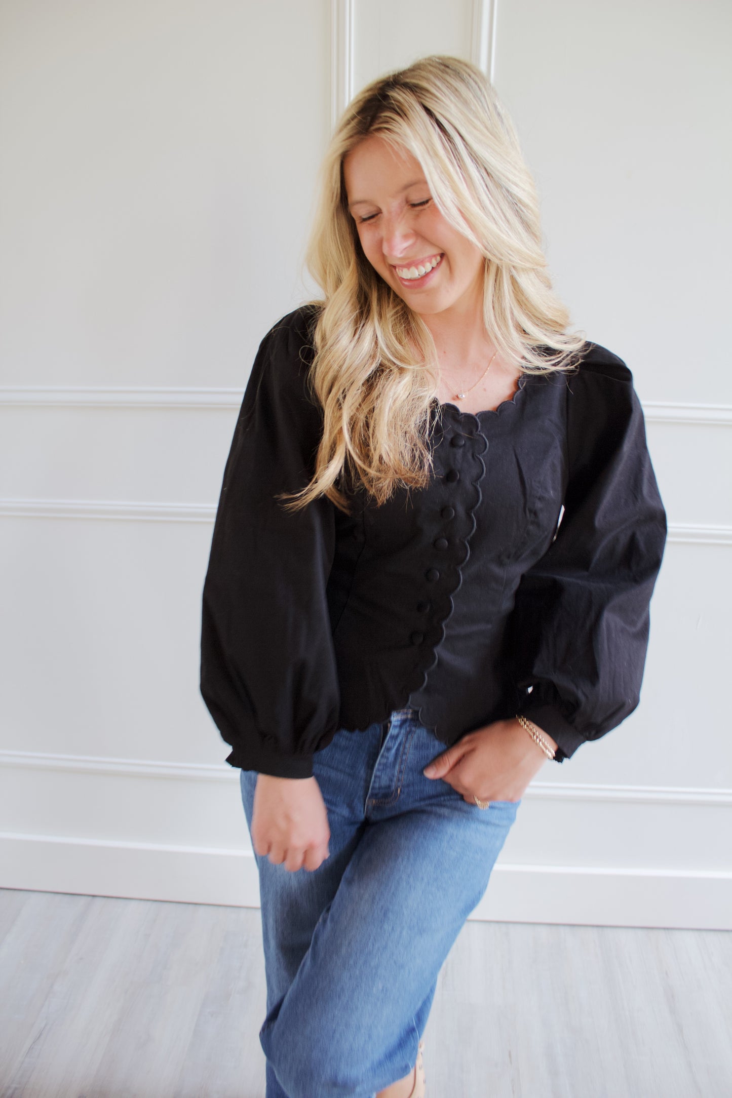 Alexis Black Scalloped Square Neck Top
