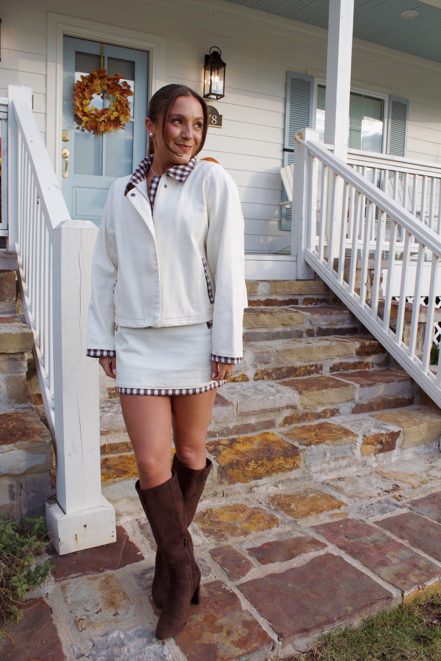 Fall Getaway Two Piece Gingham Skirt Set