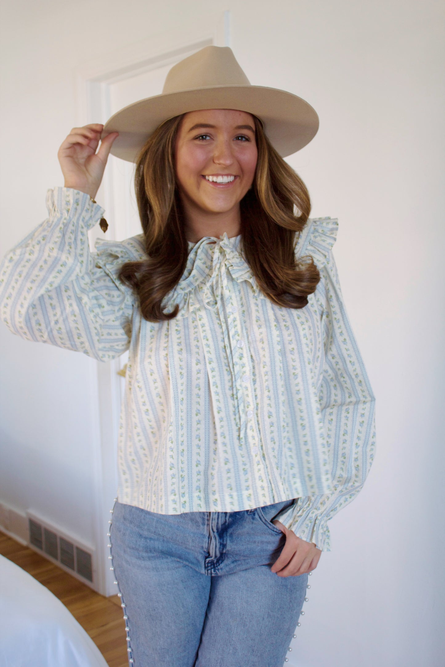 Caroline Block Print Peter Pan Collared Blouse