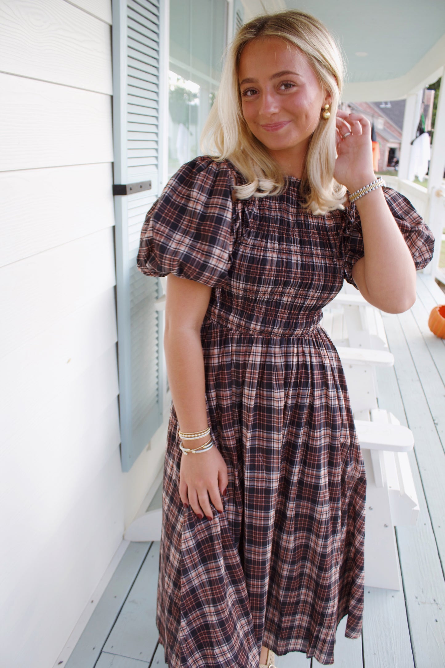 Brown Plaid Midi With Removable Puff Sleeves