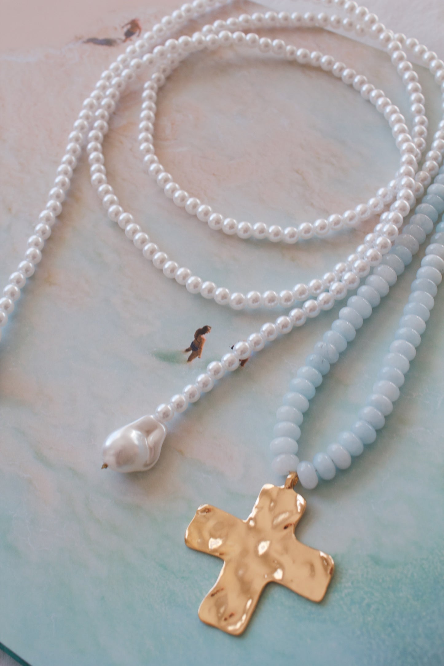 Blue Beaded Cross Necklace