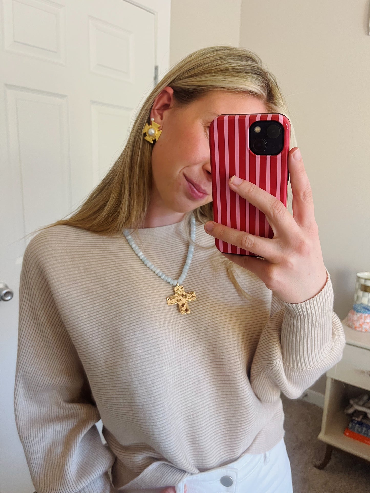 Blue Beaded Cross Necklace