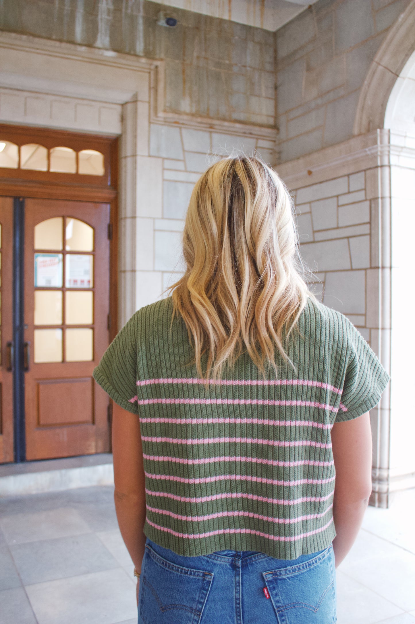 Green and Pink Striped Sweater Top