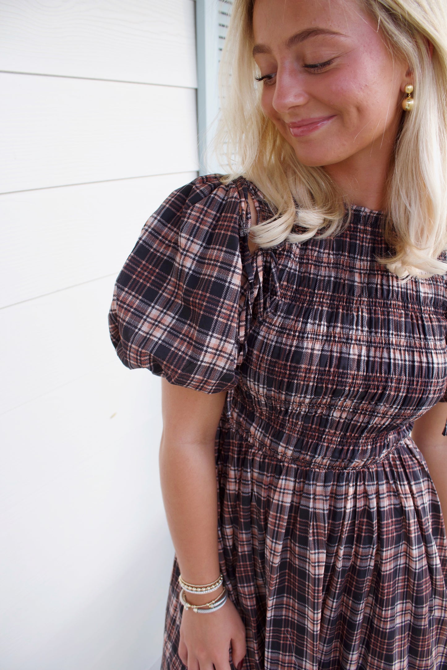 Brown Plaid Midi With Removable Puff Sleeves