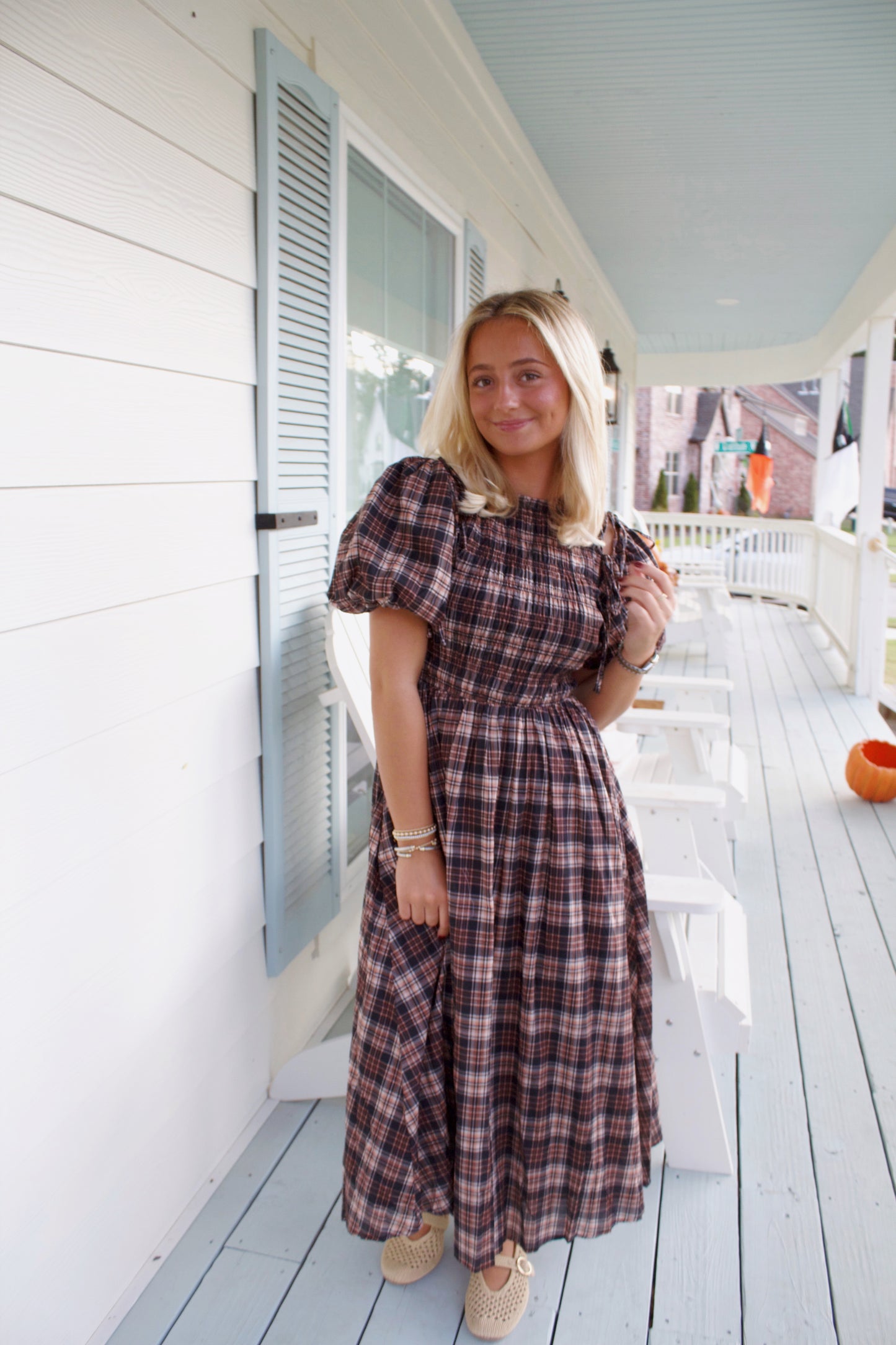 Brown Plaid Midi With Removable Puff Sleeves