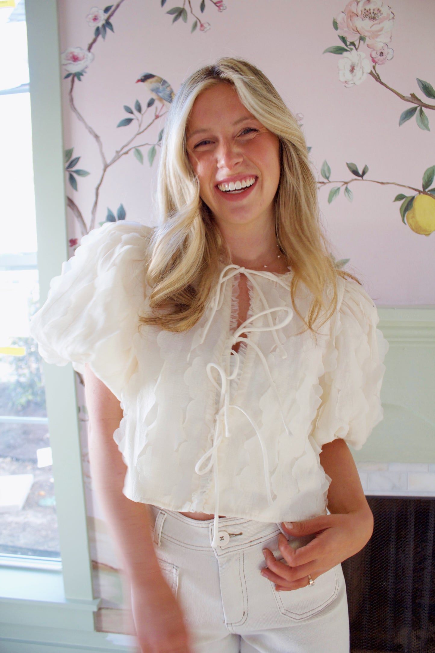 Cream Ruffled Tie Top
