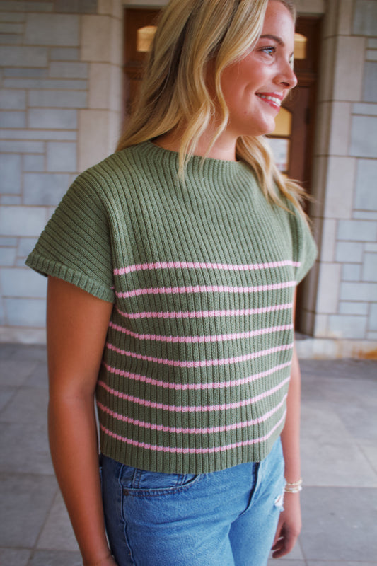 Green and Pink Striped Sweater Top