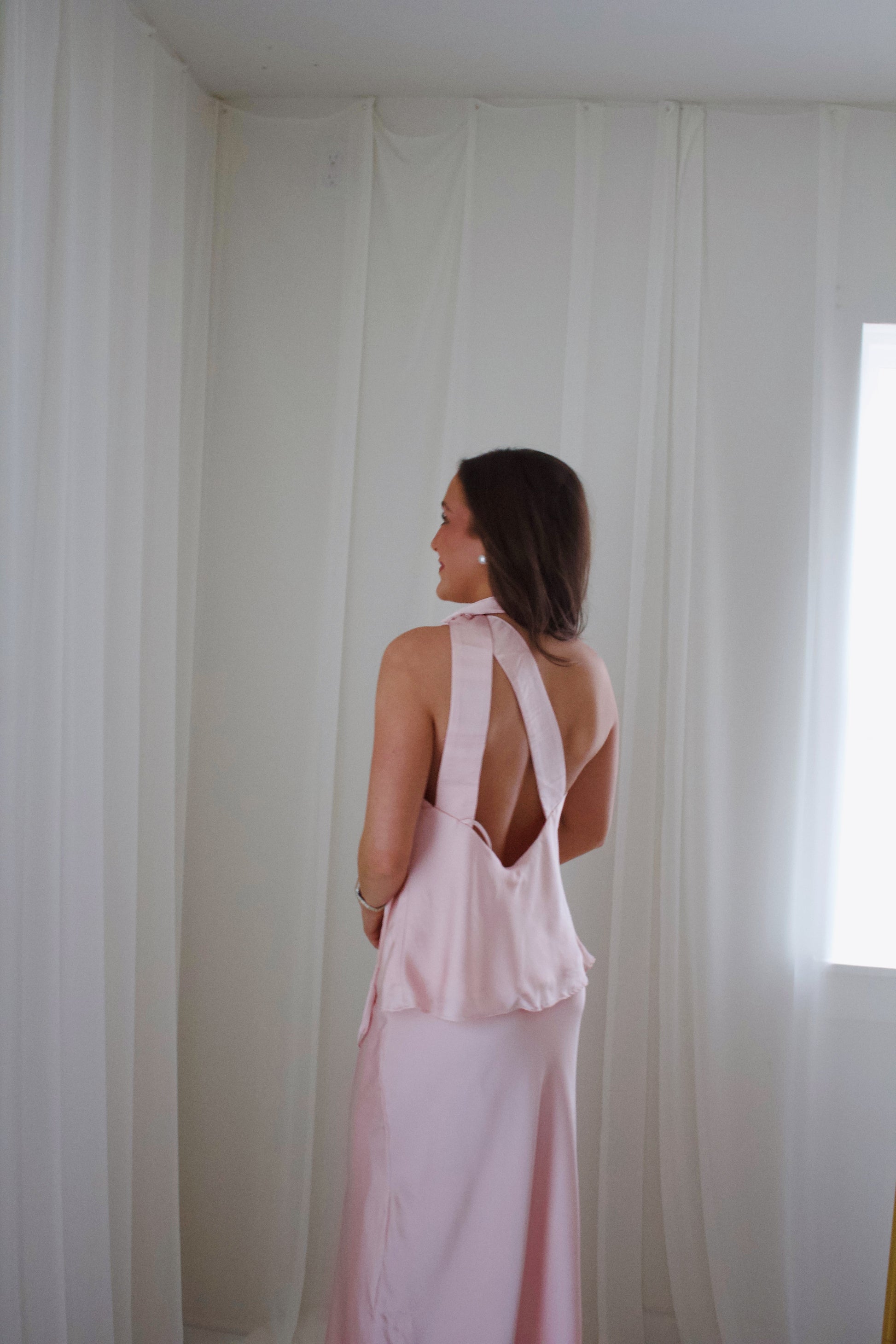 pink satin two piece dress Two Piece Prom Dresses Lace Crop Satin Slit