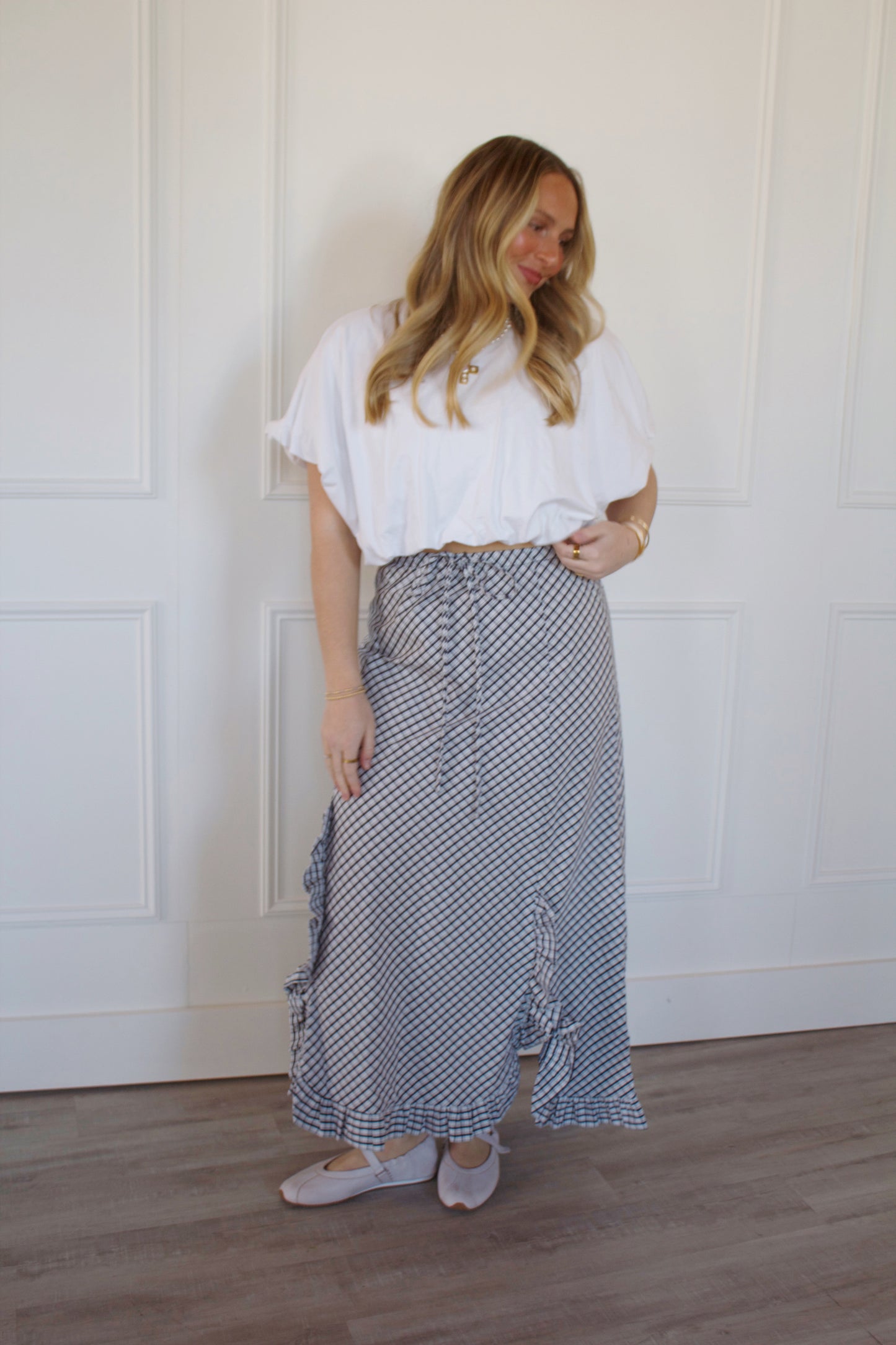 Navy Plaid Ruffle Maxi Skirt