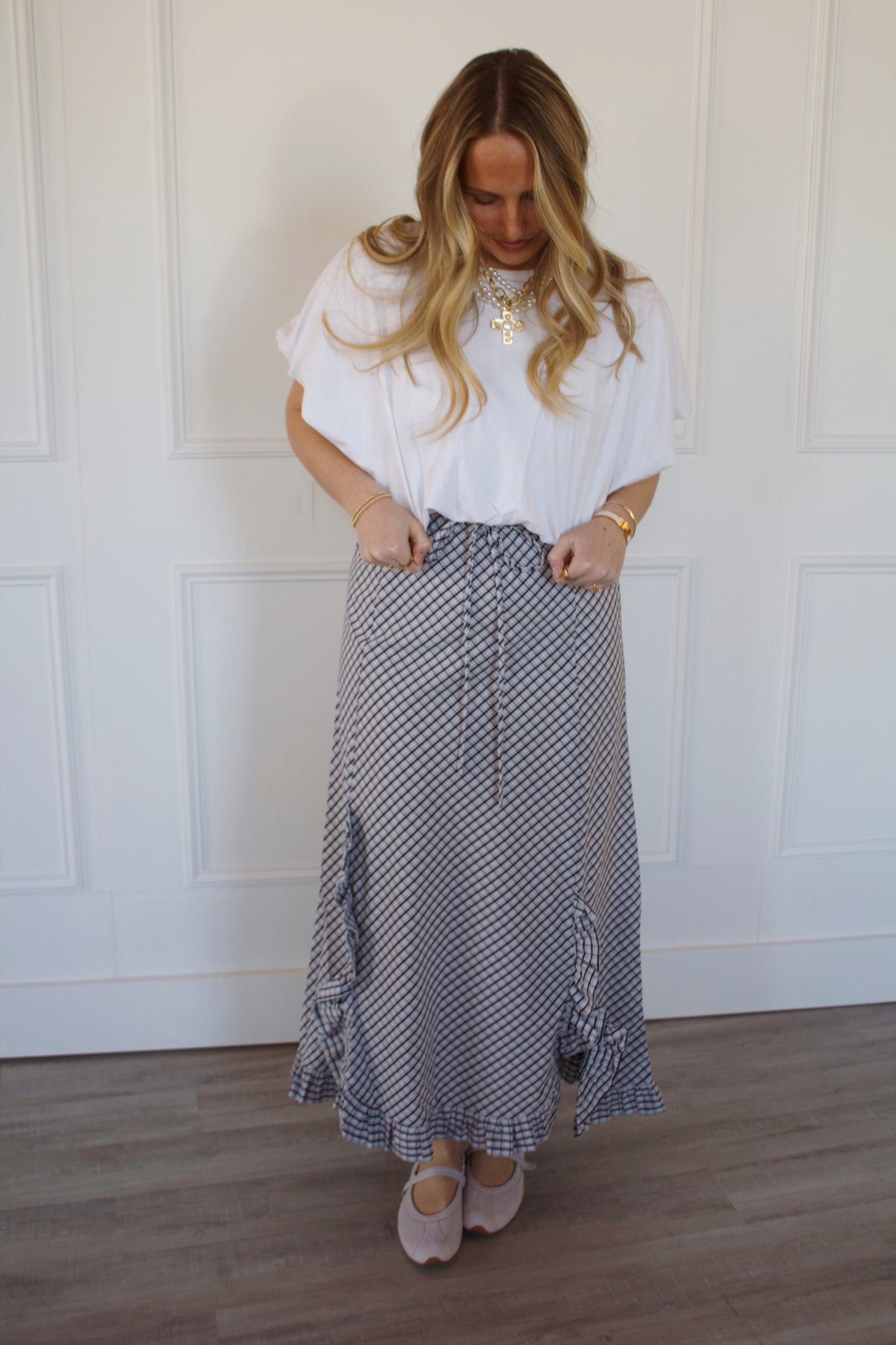 Navy Plaid Ruffle Maxi Skirt