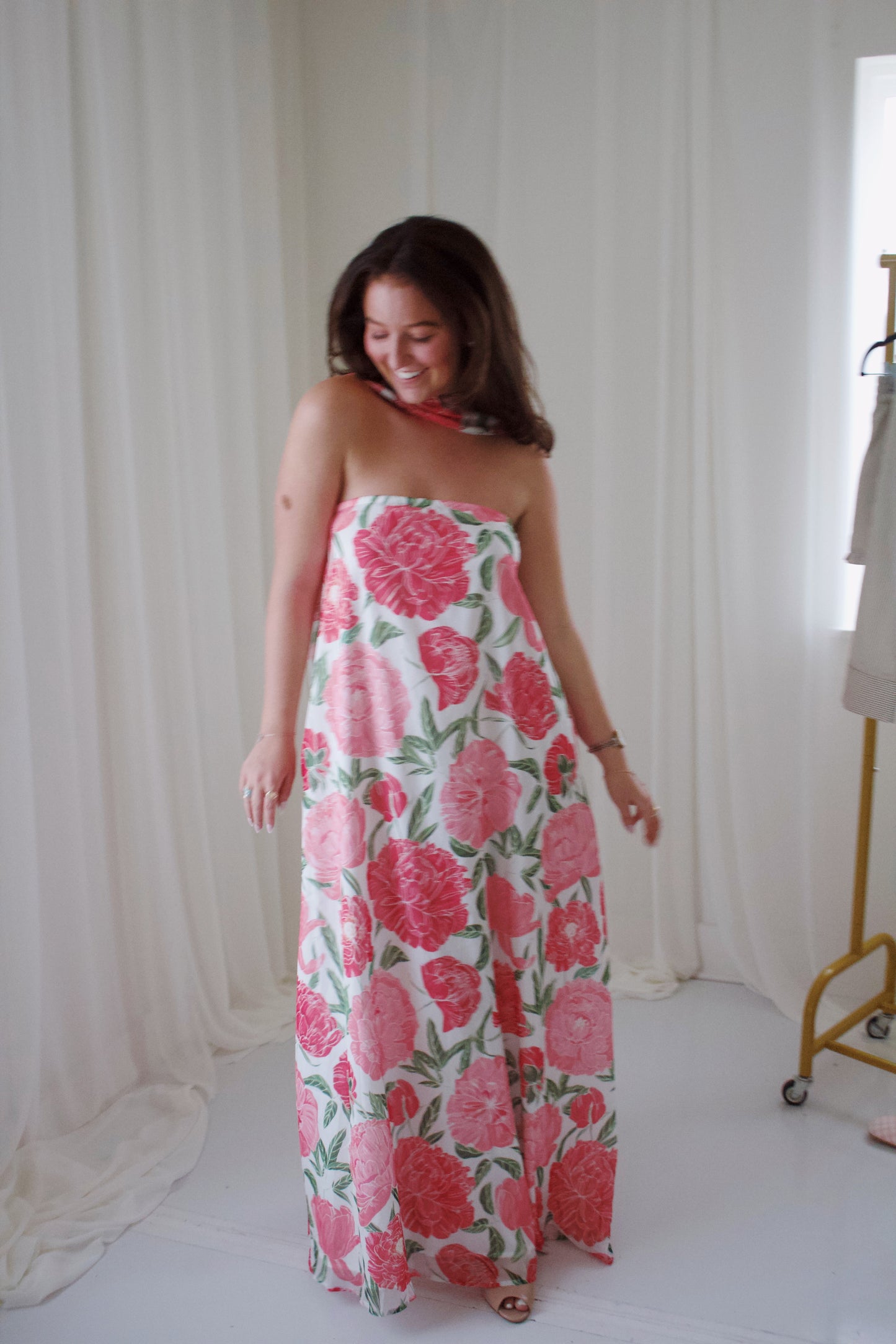 Strapless Pink Rose Maxi Dress with Detachable Scarf