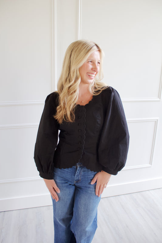 Alexis Black Scalloped Square Neck Top