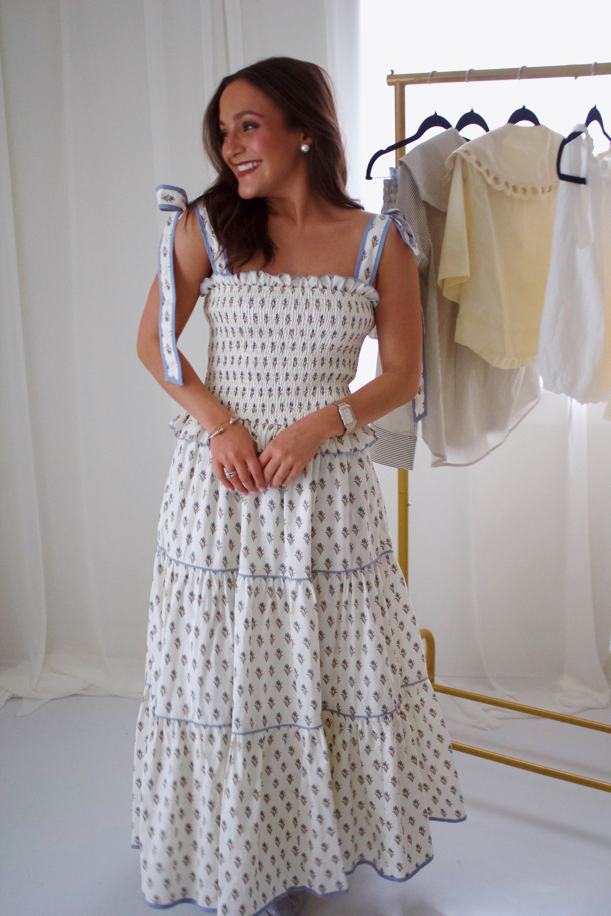 fall block print dress Palmetto Cotton Block Print Dress White / XS