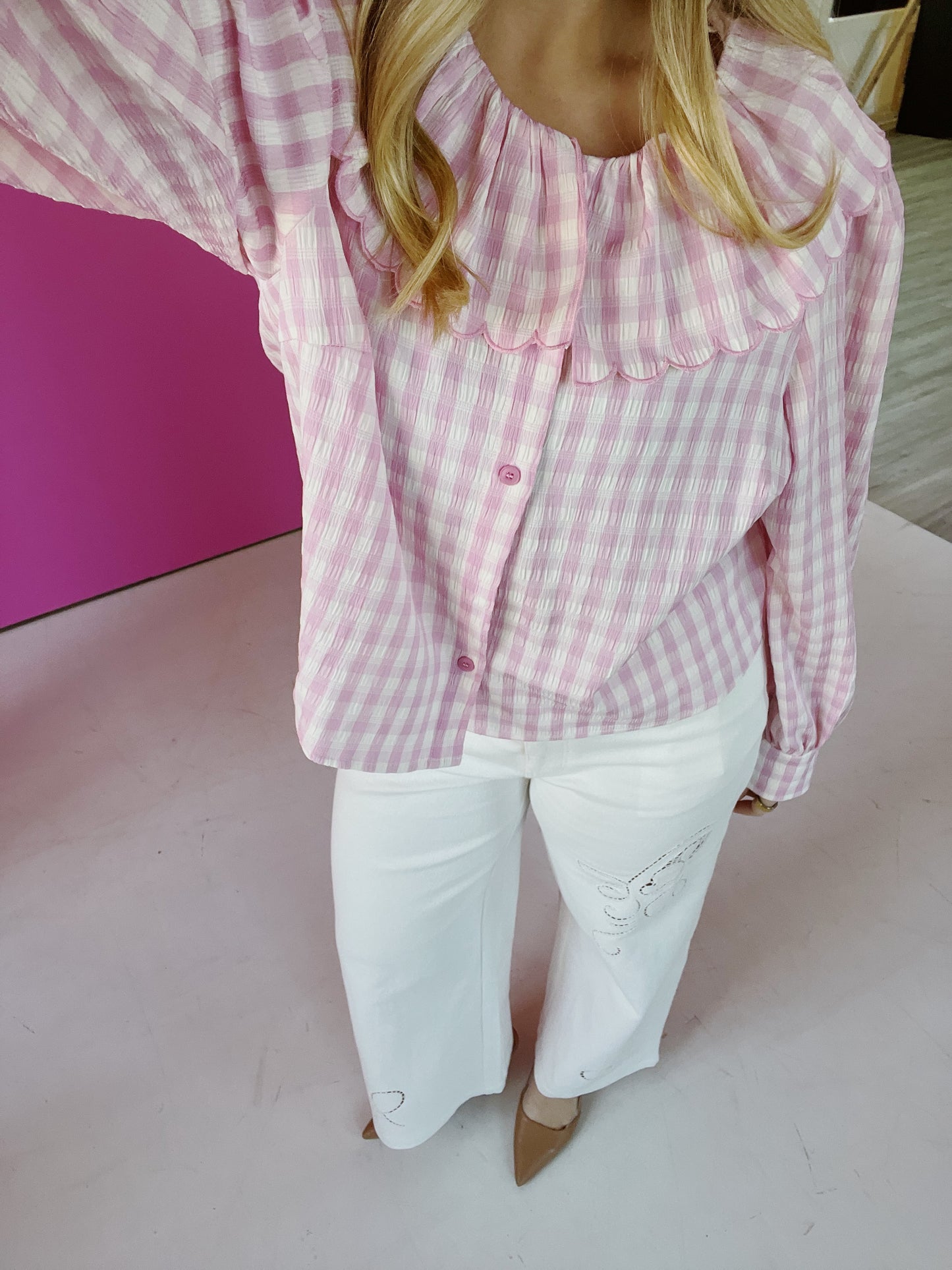 Ansley pink gingham collared top