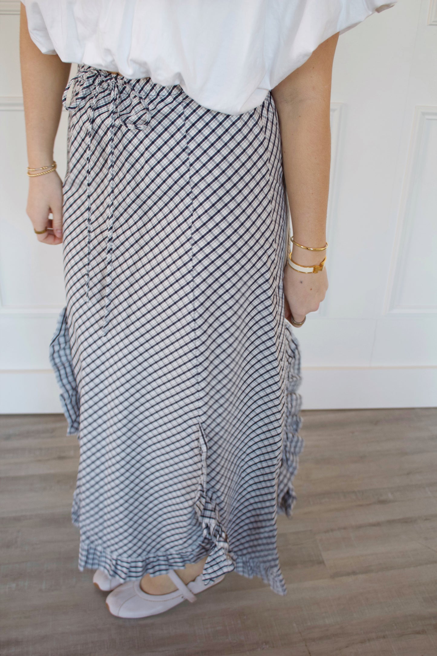 Navy Plaid Ruffle Maxi Skirt