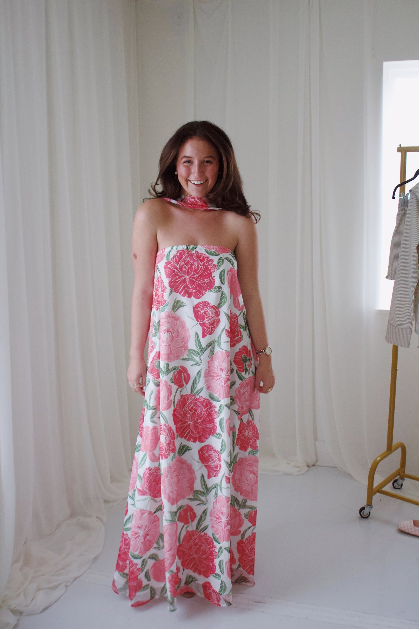 Strapless Pink Rose Maxi Dress with Detachable Scarf