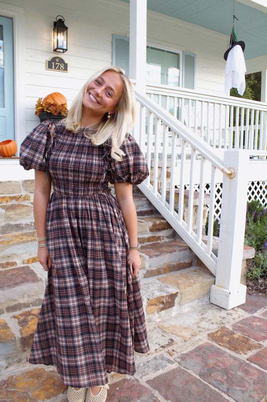 Brown Plaid Midi With Removable Puff Sleeves