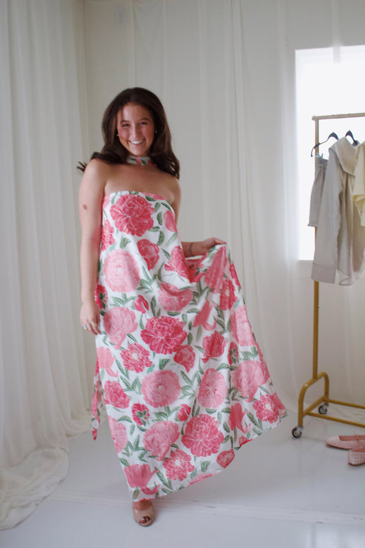 Strapless Pink Rose Maxi Dress with Detachable Scarf