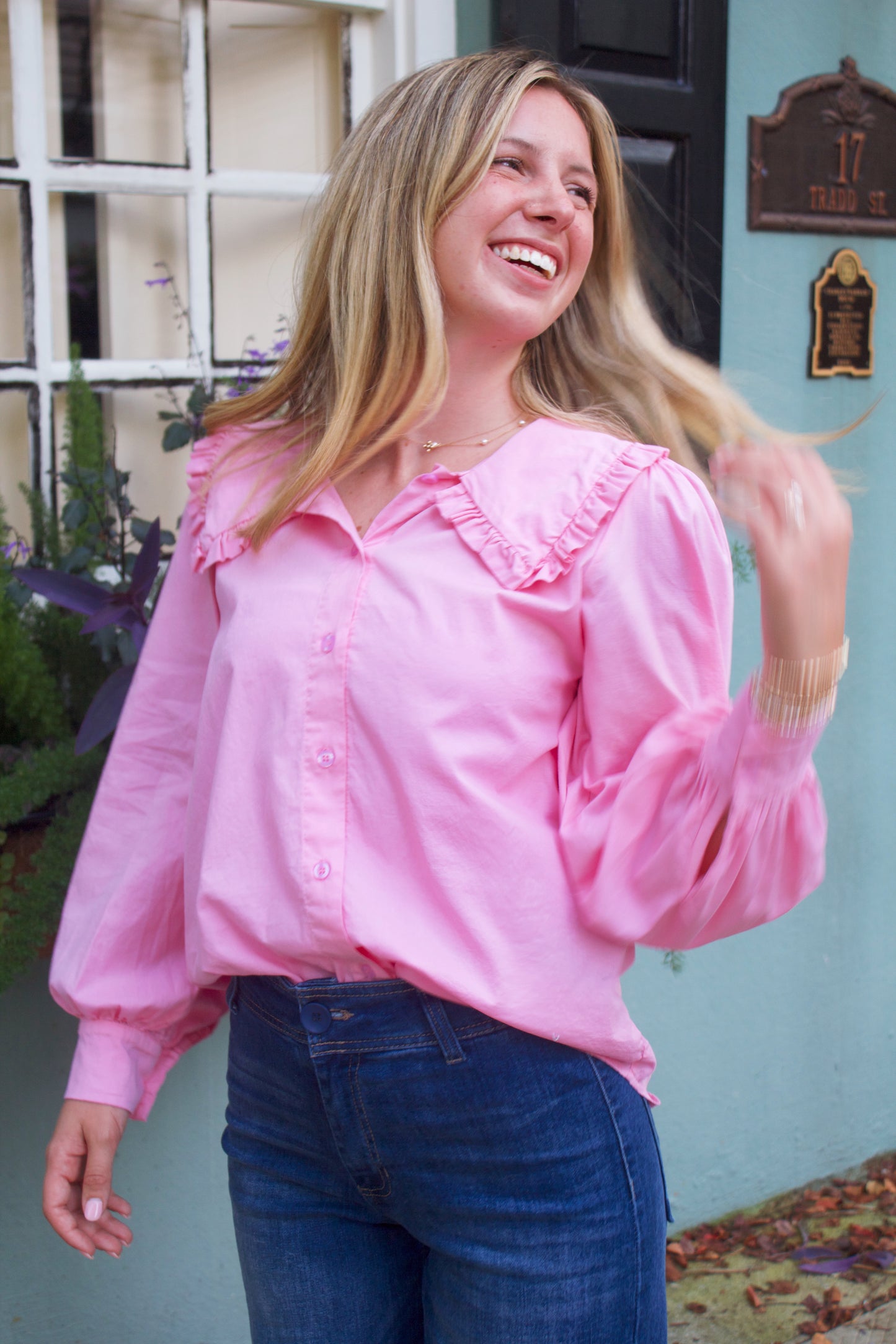 Seabrook Pink Collared Button Down Blouse